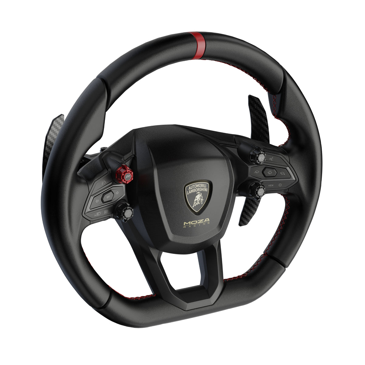 MOZA Lamborghini Revuelto Steering Wheel - schuin vooraanzicht met 16 RGB drukknoppen, 4 draaischakelaars en Lamborghini logo