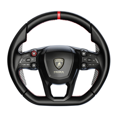 MOZA Lamborghini Revuelto Steering Wheel - vooraanzicht met 16 RGB drukknoppen, 4 draaischakelaars en Lamborghini logo