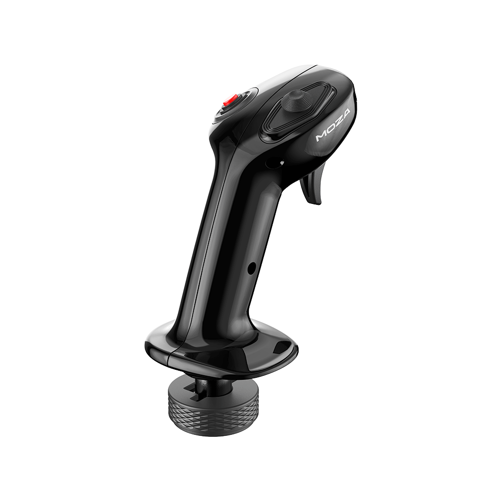 MOZA MA3X Flightstick - rechter vooraanzicht met trigger, joystick, rode drukknop en quick release