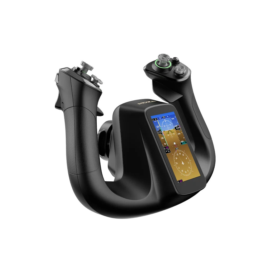 MOZA MFY Pro Yoke - linker vooraanzicht met 4,3 inch touchscreen, drukknoppen en joysticks