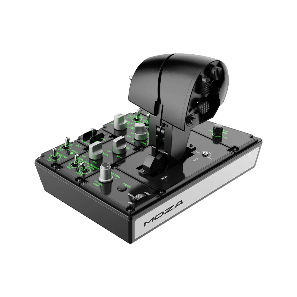 MOZA MTP Throttle Panel - rechter vooraanzicht met gashendel, schakelaars en draaiknoppen
