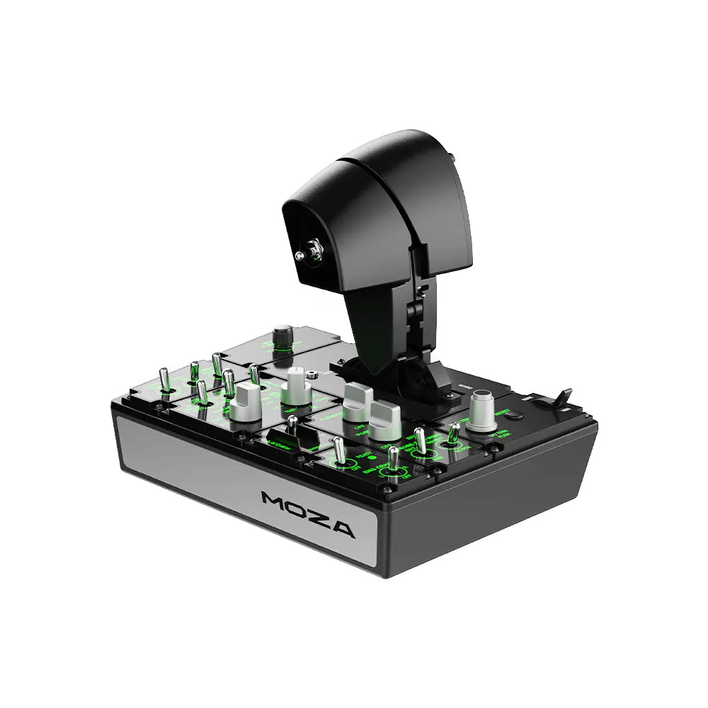 MOZA MTP Throttle Panel - rechter achteraanzicht met gashendel, schakelaars en draaiknoppen
