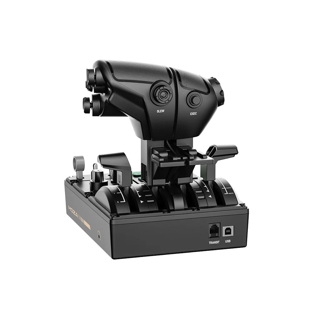 MOZA MTQ Throttle Panel - rechter achteraanzicht met throttle, flap control en USB en TRANSIT poorten
