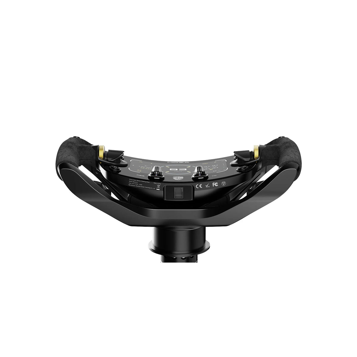 MOZA Porsche Mission R Steering Wheel - onderaanzicht met 5,4-inch gebogen dashboard, drukknoppen, 2 encoderwielen, 2 draaischakelaars, quick release en kabel poort