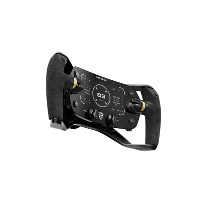 MOZA Porsche Mission R Steering Wheel - linker vooraanzicht met 5,4-inch gebogen dashboard, drukknoppen, 2 encoderwielen en 2 draaischakelaars