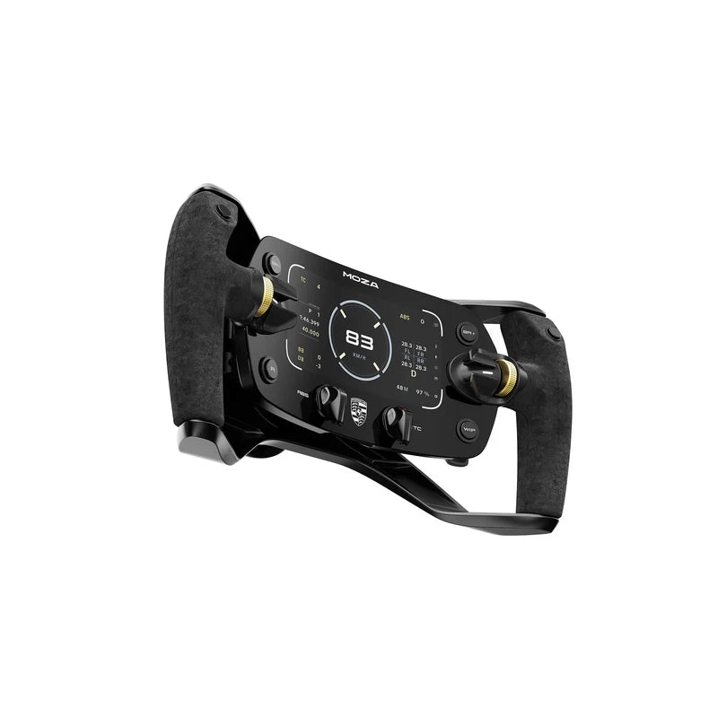 MOZA Porsche Mission R Steering Wheel - linker vooraanzicht met 5,4-inch gebogen dashboard, drukknoppen, 2 encoderwielen en 2 draaischakelaars
