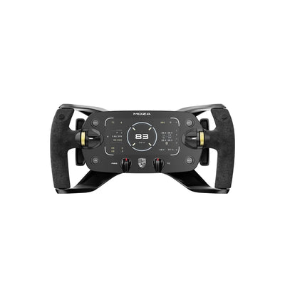 MOZA Porsche Mission R Steering Wheel - vooraanzicht met 5,4-inch gebogen dashboard, drukknoppen, 2 encoderwielen en 2 draaischakelaars