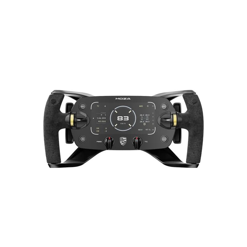 MOZA Porsche Mission R Steering Wheel - vooraanzicht met 5,4-inch gebogen dashboard, drukknoppen, 2 encoderwielen en 2 draaischakelaars