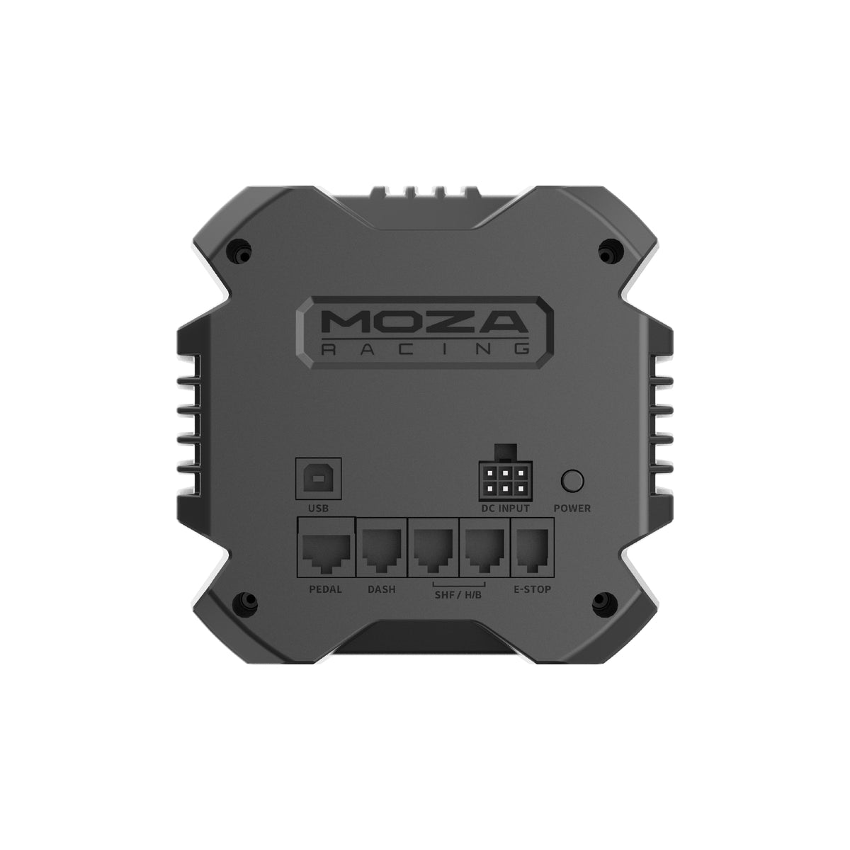 MOZA R16 Ultra Direct Drive Wheel Base - achteraanzicht met MOZA logo, USB poort, DC voedingspoort, pedaalpoort, dashboard poort, shifter poort, handrem poort, e-stop poort en aan/uit knop
