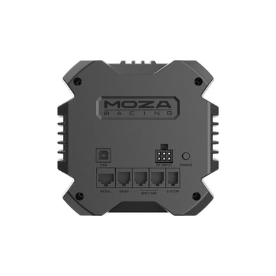 MOZA R16 Ultra Direct Drive Wheel Base - achteraanzicht met MOZA logo, USB poort, DC voedingspoort, pedaalpoort, dashboard poort, shifter poort, handrem poort, e-stop poort en aan/uit knop