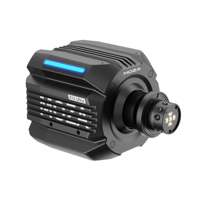 MOZA R16 Ultra Direct Drive Wheel Base - linker vooraanzicht met quick release, MOZA logo, R16 Ultra logo, RGB verlichting en montagegaten