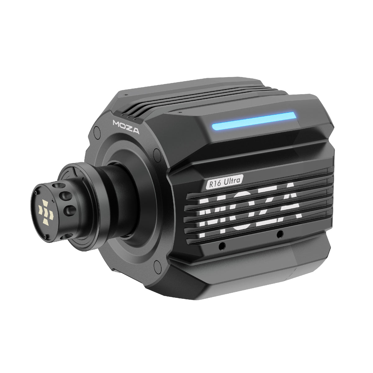 MOZA R16 Ultra Direct Drive Wheel Base - rechter vooraanzicht met quick release, MOZA logo, R16 Ultra logo, RGB verlichting en montagegaten