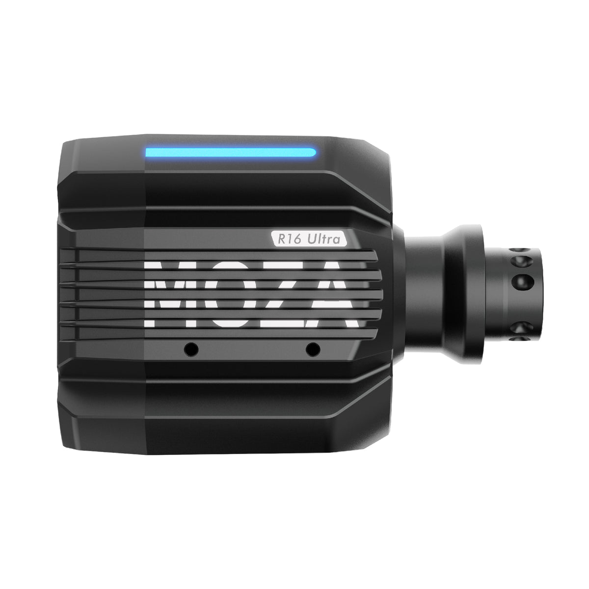 MOZA R16 Ultra Direct Drive Wheel Base - zijaanzicht met quick release, MOZA logo, R16 Ultra logo, RGB verlichting en montagegaten
