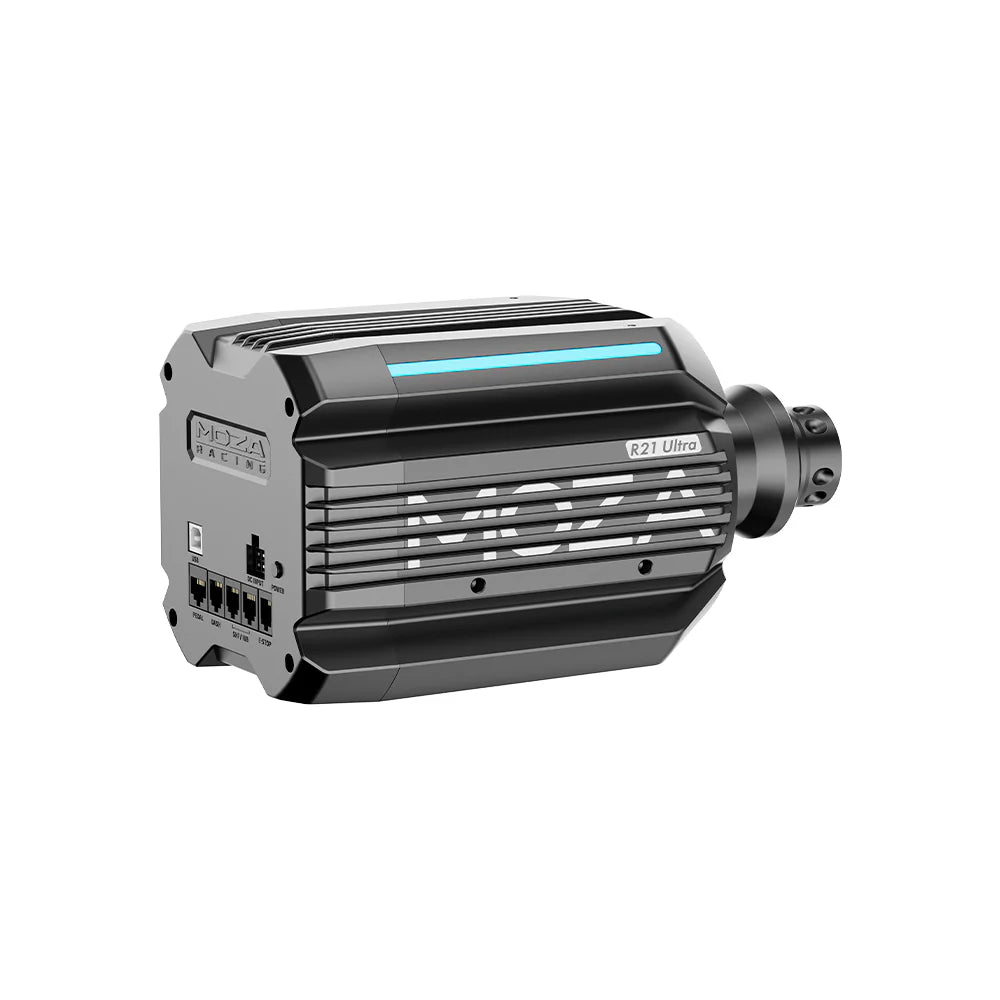 Moza R21 Ultra Direct Drive Wheel Base - achteraanzicht met RGB LED verlichting, quick release en USB, voeding en data aansluitingen