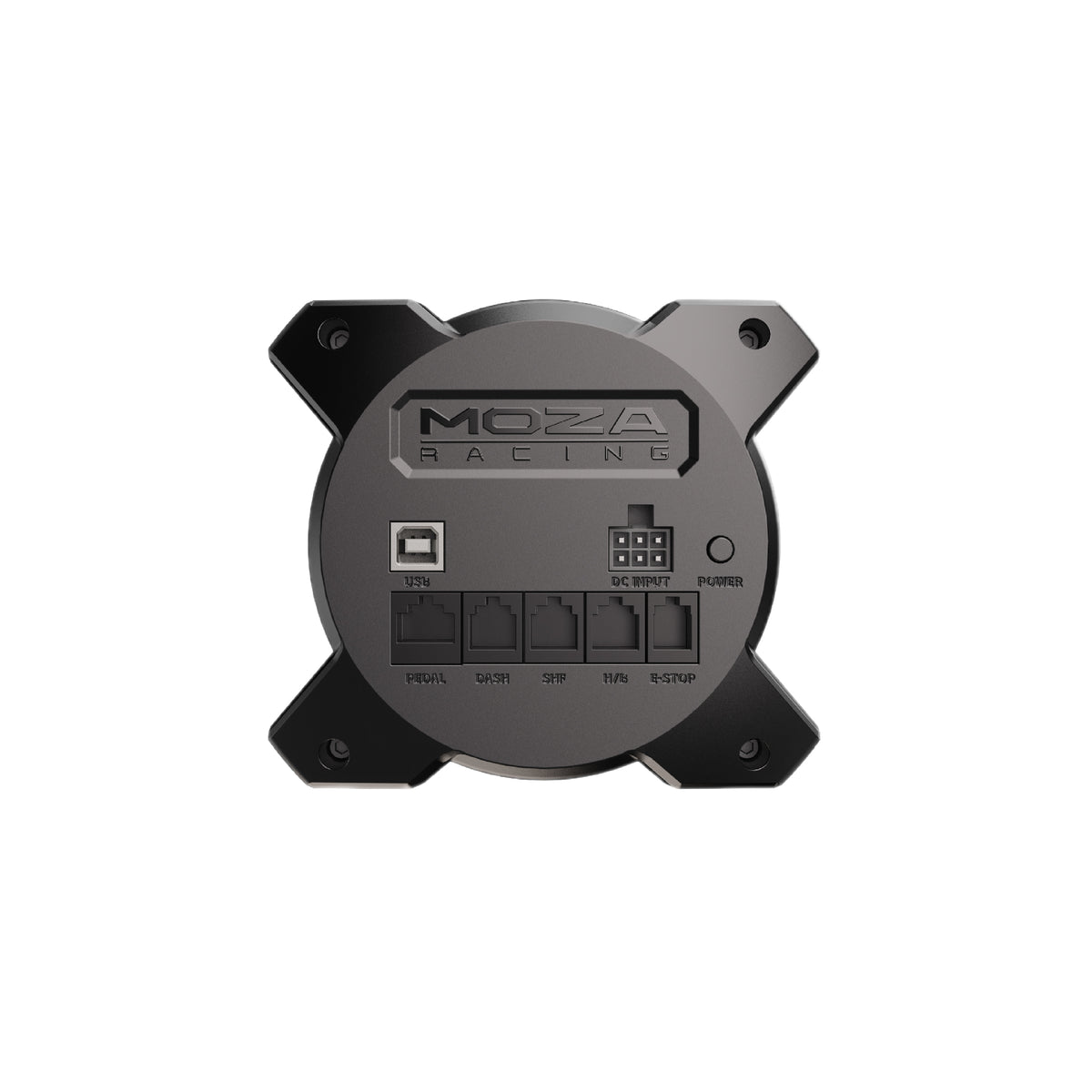 MOZA R3 Bundle (Xbox & PC) - R3 direct drive wheelbase achterkant met USB poort, voedingspoort, pedaalpoort, dashboard poort, shifter poort, handrem poort en e-stop poort