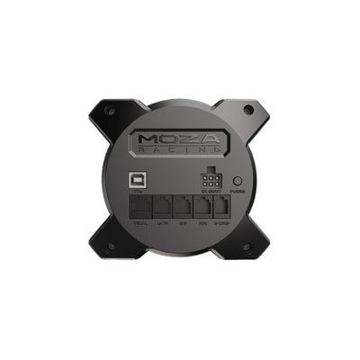 MOZA R3 Bundle (Xbox & PC) - R3 direct drive wheelbase achterkant met USB poort, voedingspoort, pedaalpoort, dashboard poort, shifter poort, handrem poort en e-stop poort