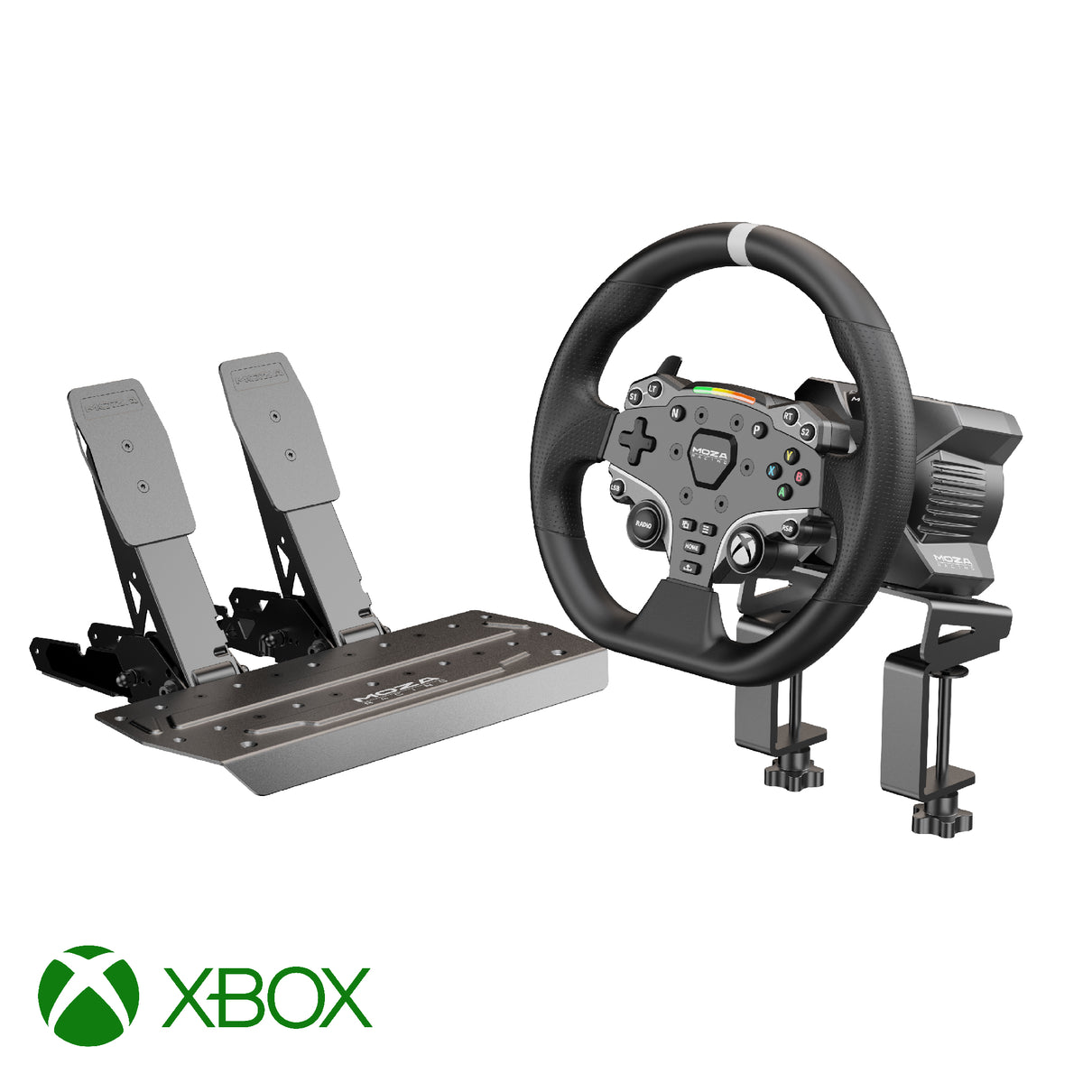 MOZA R3 Bundle (Xbox & PC) - set overzicht met ESX stuur, R3 direct drive wheelbase, SR-P Lite pedalen en Xbox logo