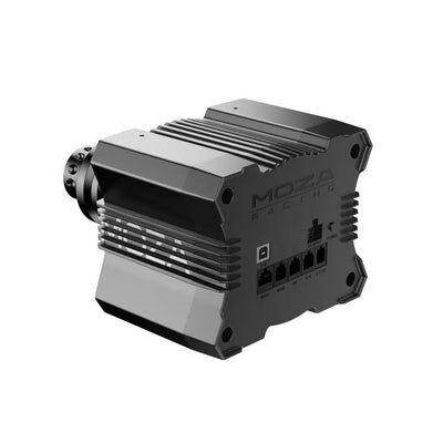 MOZA R9 V3 Direct Drive Wheel Base - linker achteraanzicht met MOZA logo, USB poort, voedingspoort en data poorten