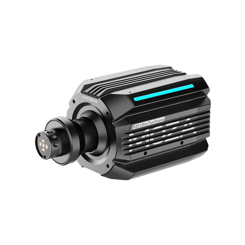 Moza R25 Ultra Direct Drive Wheel Base - zijaanzicht met quick release en aanpasbare RGB LED strip