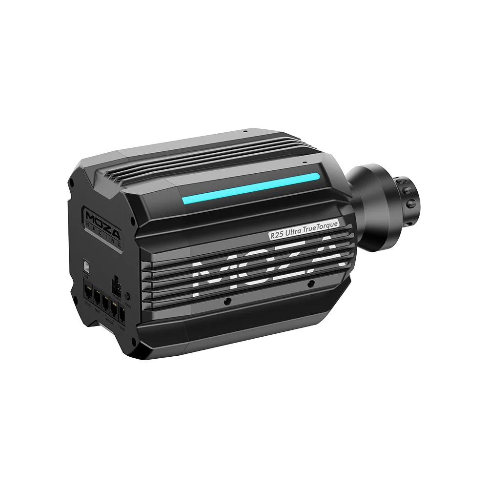 Moza R25 Ultra Direct Drive Wheel Base - achteraanzicht met quick release, aanpasbare RGB LED strip en USB, voeding en data aansluitingen