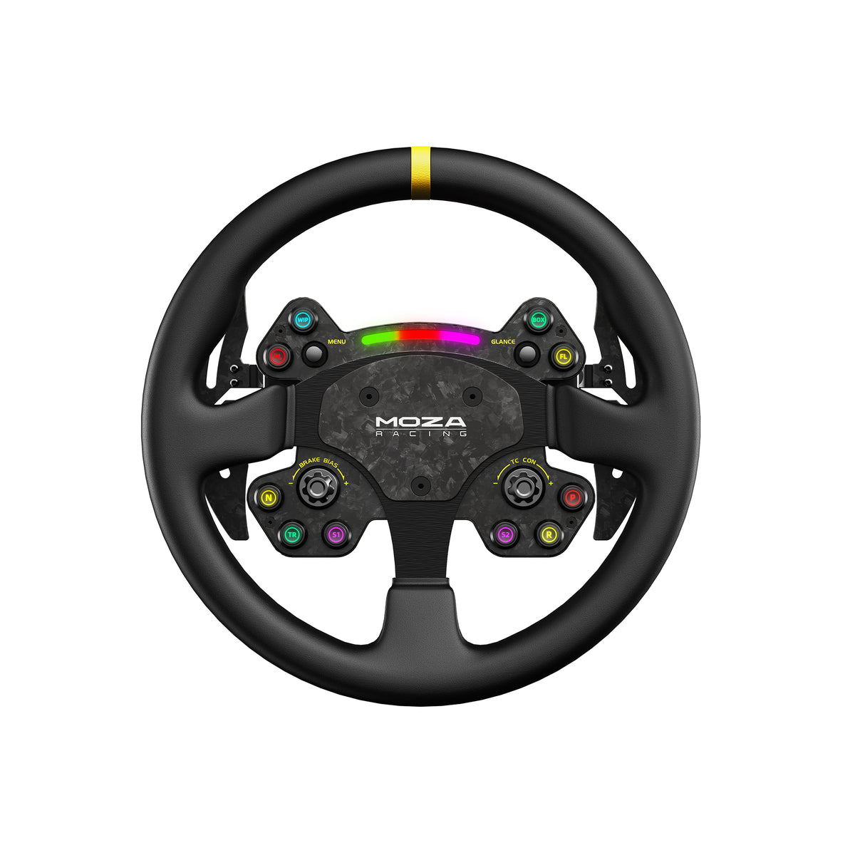 MOZA RS V2 Steering Wheel - vooraanzicht met RGB RPM indicator, 10 RGB drukknoppen, 2 joysticks, 2 encoderwielen