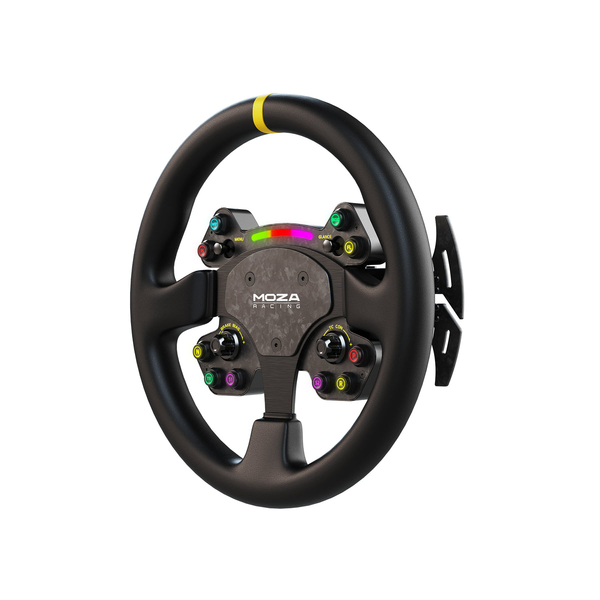 MOZA RS V2 Steering Wheel - zijaanzicht rechts met RGB RPM indicator, 10 RGB drukknoppen, 2 joysticks, 2 encoderwielen