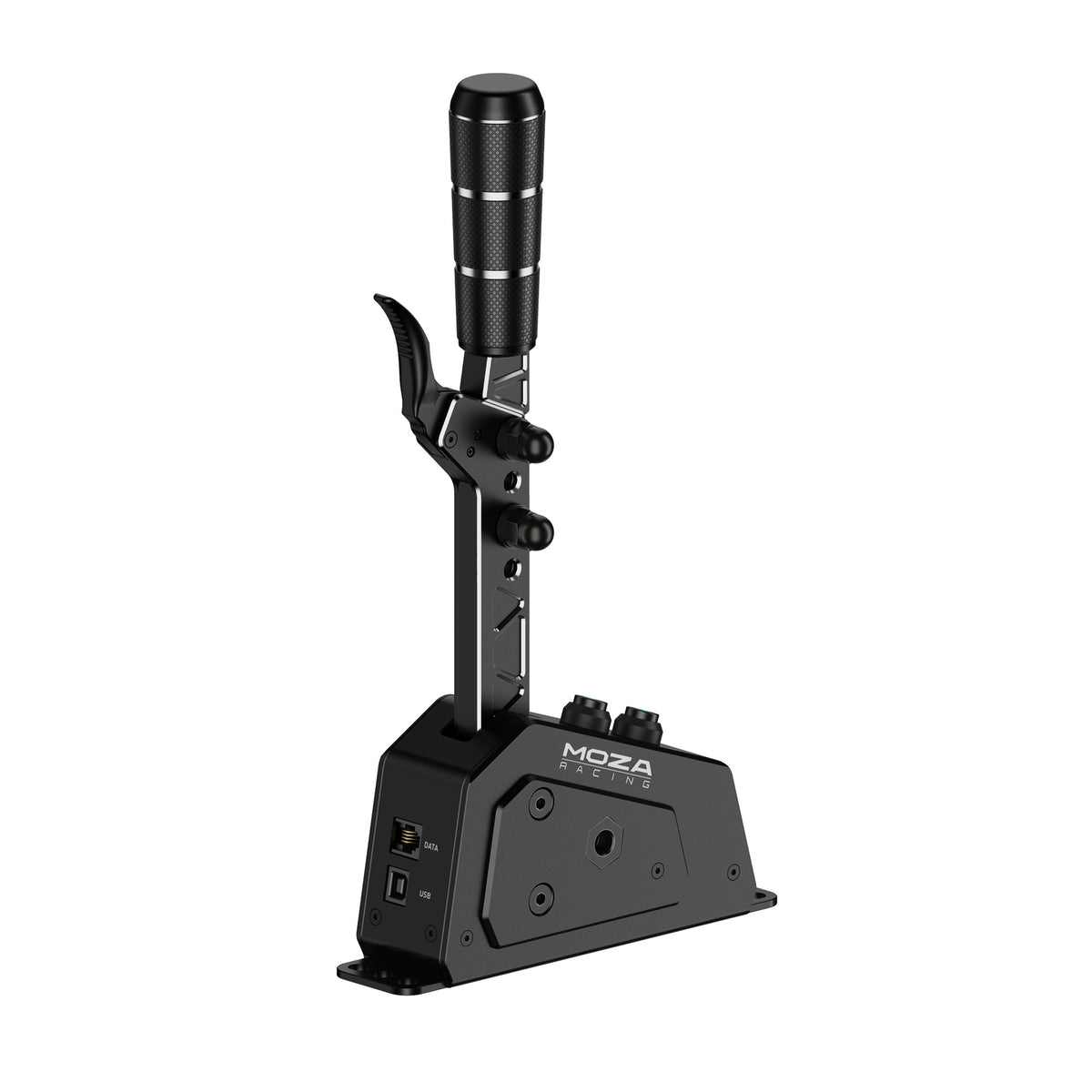 MOZA SGP Sequential Shifter - achteraanzicht met schakelknop, 2 RGB drukknoppen, multifunctionele hendel, RJ11 poort en USB poort
