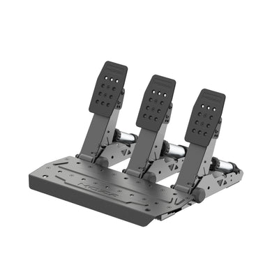 MOZA SRP2 Racing Pedals - zijaanzicht vanaf rechts met load cell rempedaal, gaspedaal, koppelingspedaal en pedaalplaat