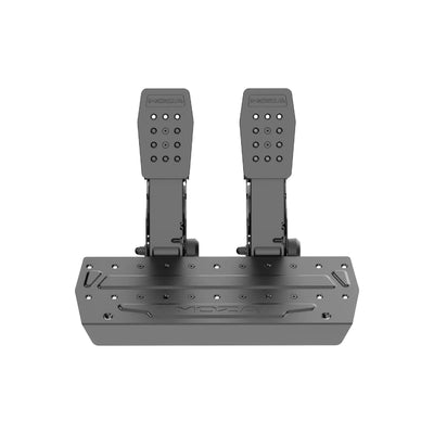 MOZA SRP2 Racing Pedals - vooraanzicht vanaf rechts met load cell rempedaal, gaspedaal en pedaalplaat