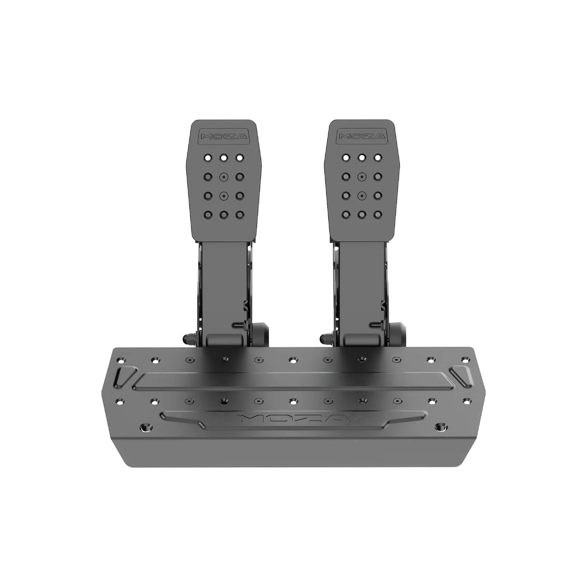 MOZA SRP2 Racing Pedals - vooraanzicht vanaf rechts met load cell rempedaal, gaspedaal en pedaalplaat