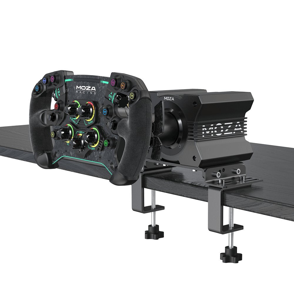 MOZA Table Clamp - preview met GS V2P stuur en MOZA direct drive wheelbase