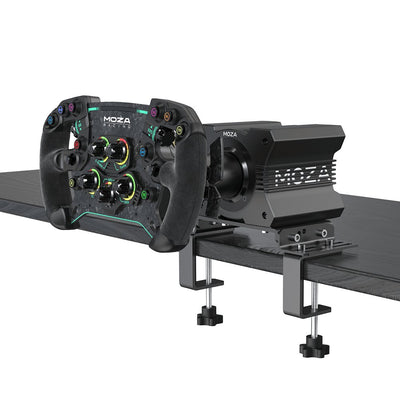 MOZA Table Clamp - preview met GS V2P stuur en MOZA direct drive wheelbase