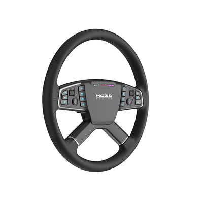 MOZA TSW Truck Wheel - linker vooraanzicht met 14 RGB drukknoppen, 2 joysticks, 2 encoderwielen en RGB RPM lichtjes