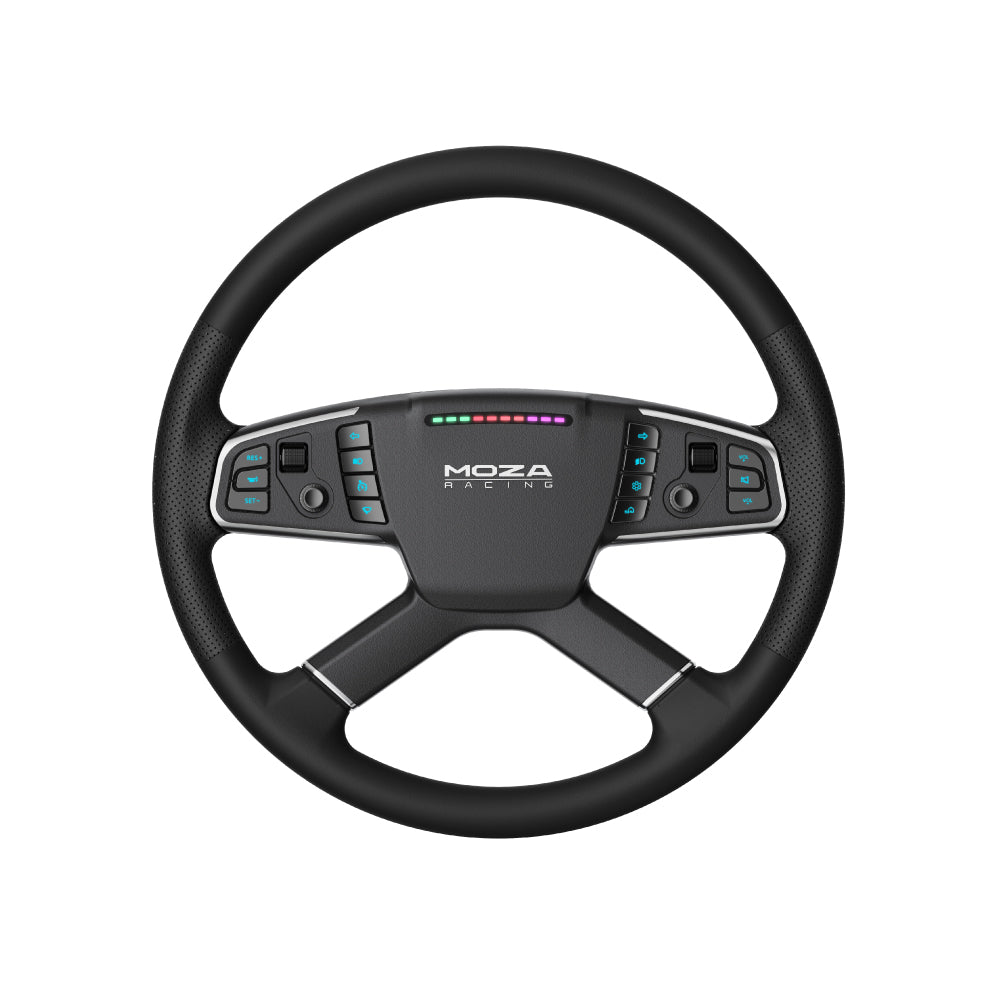 MOZA TSW Truck Wheel - vooraanzicht met 14 RGB drukknoppen, 2 joysticks, 2 encoderwielen en RGB RPM lichtjes