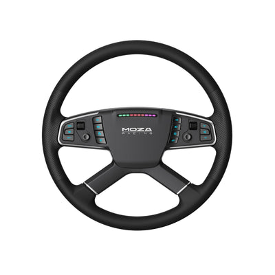 MOZA TSW Truck Wheel - vooraanzicht met 14 RGB drukknoppen, 2 joysticks, 2 encoderwielen en RGB RPM lichtjes