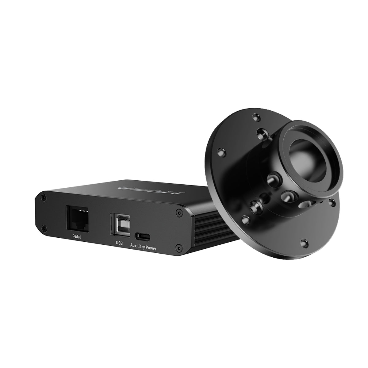 MOZA Universal Hub Kit - achteraanzicht met pedaal, USB en voeding poorten en quick release