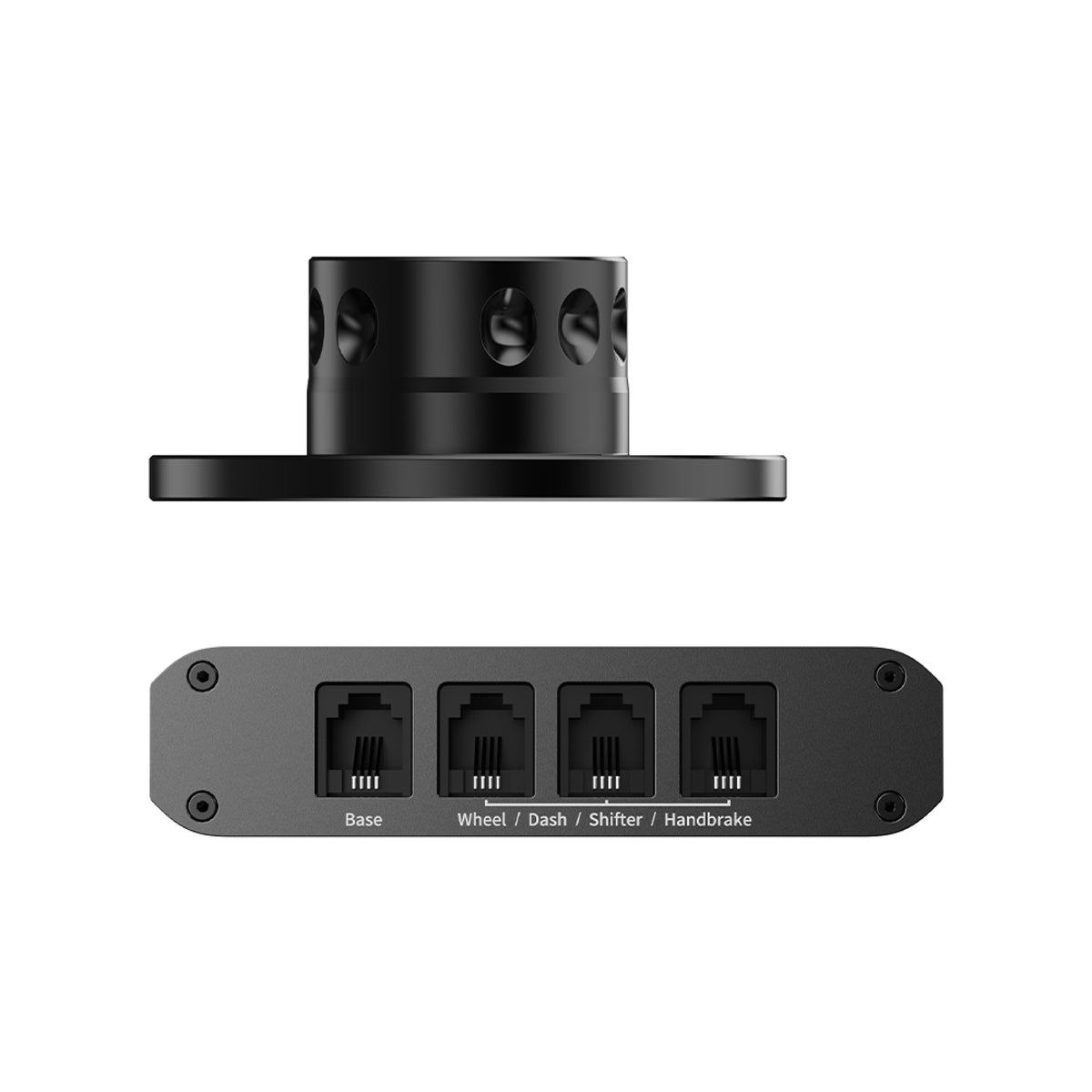 MOZA Universal Hub Kit - vooraanzicht met wheelbase, stuur, shifter en handrem poorten en quick release
