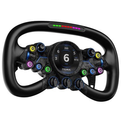MOZA Vision GS Steering Wheel - linker vooraanzicht met 2,85-inch ronde display, 8 RGB drukknoppen, 3 draaischakelaars, 2 encoderwielen, 2 joysticks en RGB RPM lichtjes