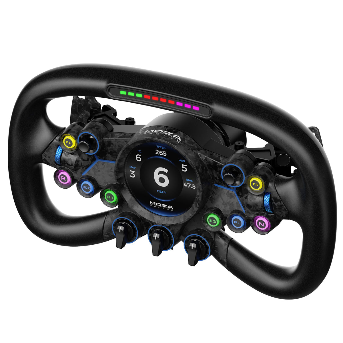 MOZA Vision GS Steering Wheel - rechter bovenaanzicht met 2,85-inch ronde display, 8 RGB drukknoppen, 3 draaischakelaars, 2 encoderwielen, 2 joysticks en RGB RPM lichtjes