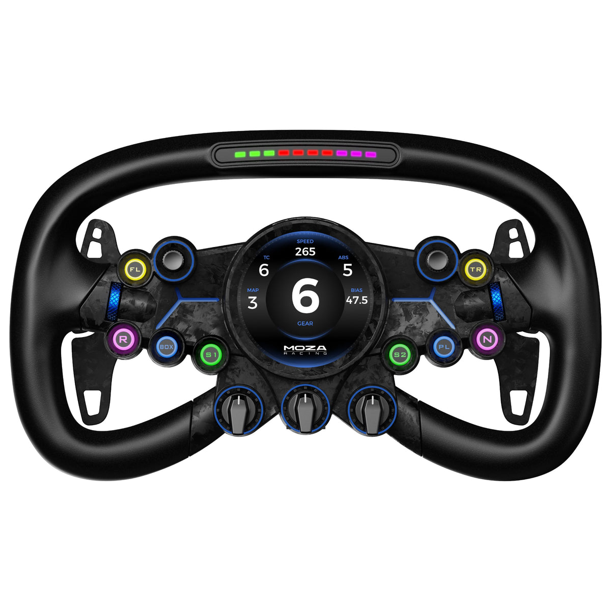 MOZA Vision GS Steering Wheel - vooraanzicht met 2,85-inch ronde display, 8 RGB drukknoppen, 3 draaischakelaars, 2 encoderwielen, 2 joysticks en RGB RPM lichtjes