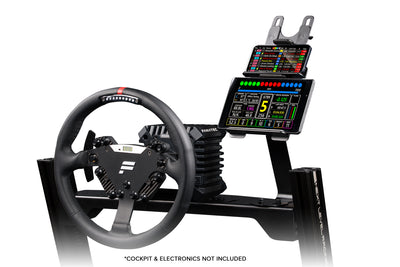 Next Level Racing Elite Tablet and Button Box Mount Add-On - preview met tablet en telefoon gemonteerd op een GT Elite Wheel Plate Edition cockpit met een Fanatec direct drive wheelbase en stuur