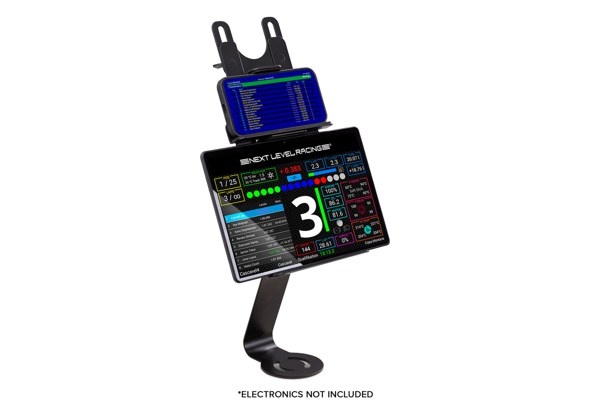 Next Level Racing Elite Tablet and Button Box Mount Add-On - preview met tablet en telefoon gemonteerd