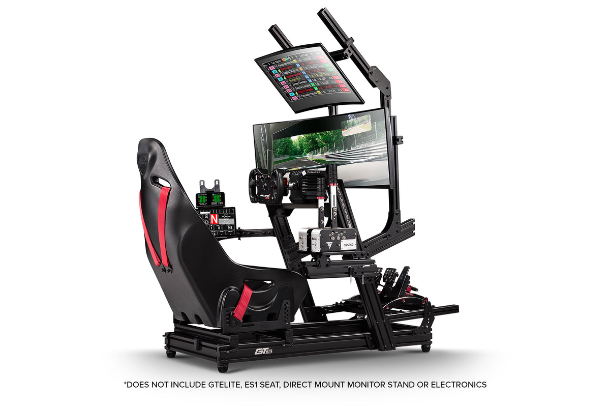 Next Level Racing Elite Direct Mount Overhead Monitor Add-On- Black Edition - preview gemonteerd op een GT Elite Wheel Plate Edition cockpit met een Elite Direct Monitor Mount, 49 inch ultra-wide gaming monitor, 34 inch ultra-wide overhead monitor, ES1 stoel, Elite Tablet Mount, Fanatec direct drive wheelbase, stuur, load-cell pedalen, shifter en handrem