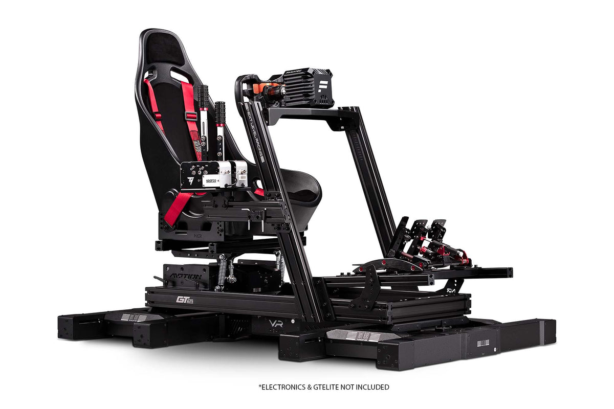 Next Level Racing Elite Motion Adaptor Kit - preview gemonteerd op een Traction Plus met een GT Elite Wheel Plate Edition cockpit, ES1 stoel, Fanatec direct drive wheelbase, stuur, load-cell pedalen, shifter en handrem