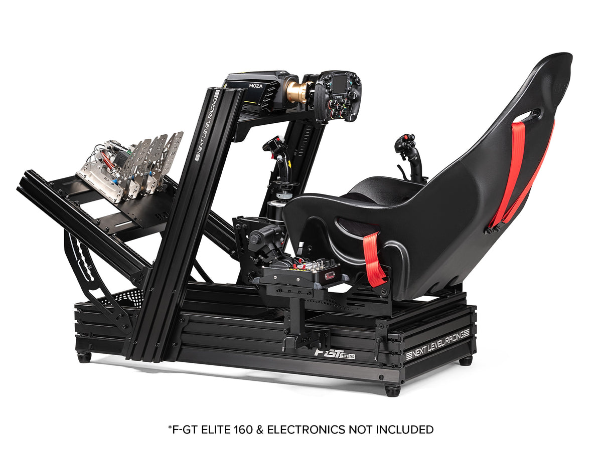 Next Level Racing Elite Series Flight Pack - preview gemonteerd op een F-GT Elite 160 Wheel Plate Edition cockpit met twee flightsticks, een throttle, MOZA direct drive wheelbase, FSR2 stuur, load-cell pedalen en ES1 stoel