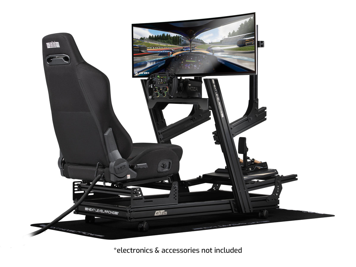 Next Level Racing ERS3 Haptic Feedback Sim Racing Seat - preview op GT Elite Lite cockpit met MOZA direct drive wheelbase, FSR2 stuur, CRP2 pedalen, Elite Direct Monitor Mount en 49 inch ultra-wide gaming monitor