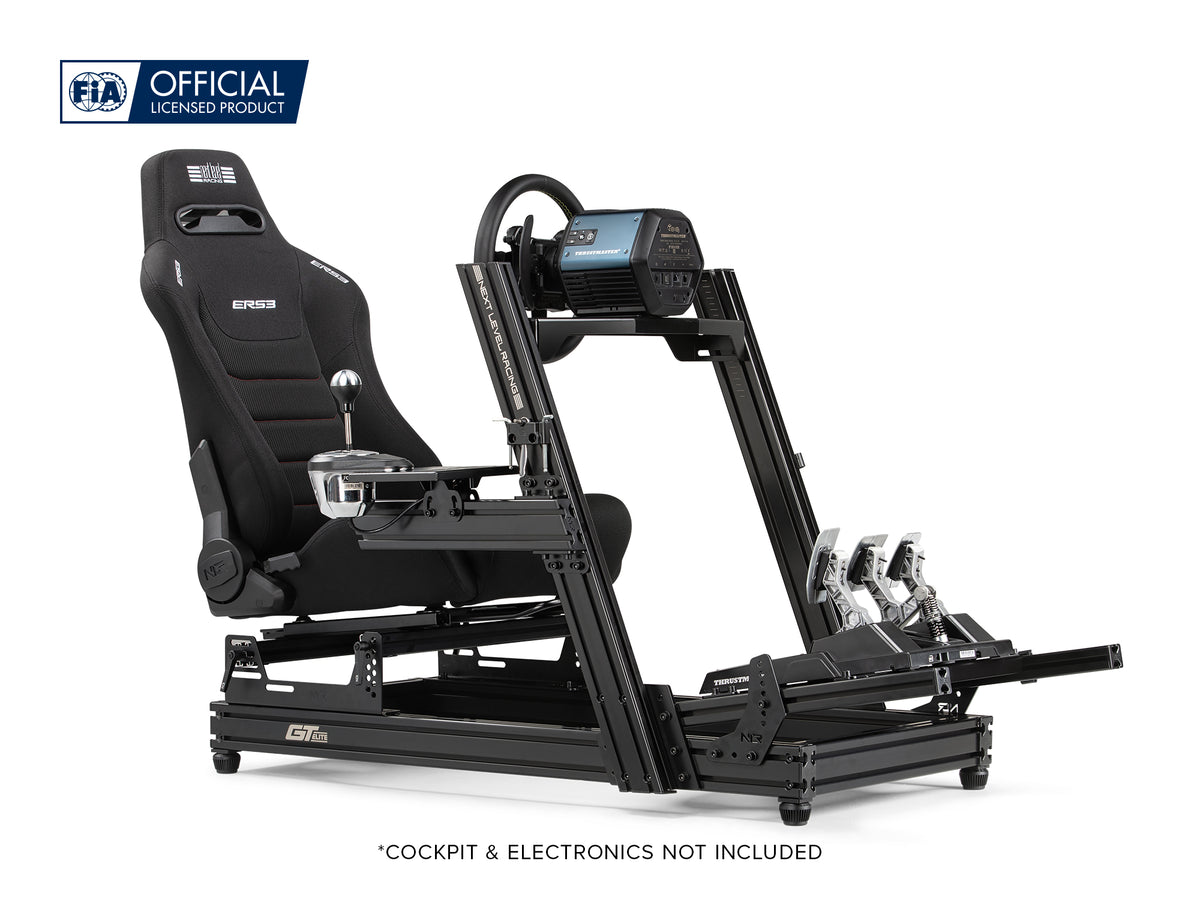 Next Level Racing ERS3 Sim Racing Seat - Fabric & Mesh Edition - preview gemonteerd op een GT Elite Wheel Plate Edition cockpit met een Thrustmaster direct drive wheelbase, stuur, loadcell pedalen en shifter