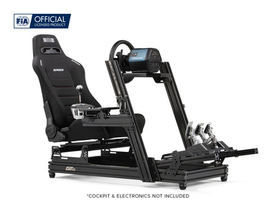 Next Level Racing ERS3 Sim Racing Seat - Fabric & Mesh Edition - preview gemonteerd op een GT Elite Wheel Plate Edition cockpit met een Thrustmaster direct drive wheelbase, stuur, loadcell pedalen en shifter
