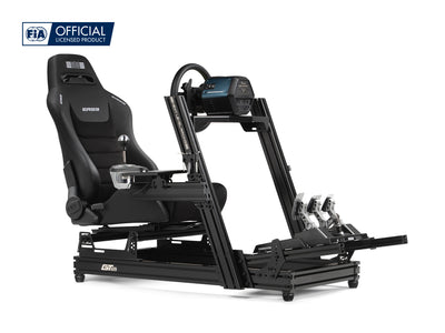 Next Level Racing ERS3 Sim Racing Seat - PU Leather & Suede Edition - preview gemonteerd op de GT Elite Wheel Plate Edition Cockpit met een Thrustmaster direct drive wheelbase, stuur, pedalen en shifter