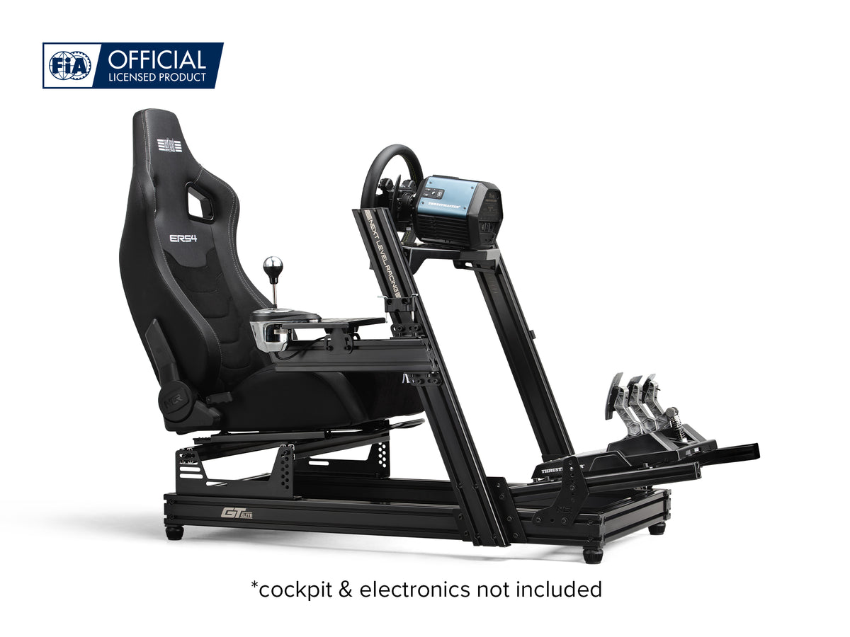 Next Level Racing ERS4 Sim Racing Seat- PU Leather & Suede Edition - preview gemonteerd op de GT Elite Wheel Plate Edition cockpit met een Thrustmaster direct drive wheelbase, stuur, loadcell pedalen en shifter